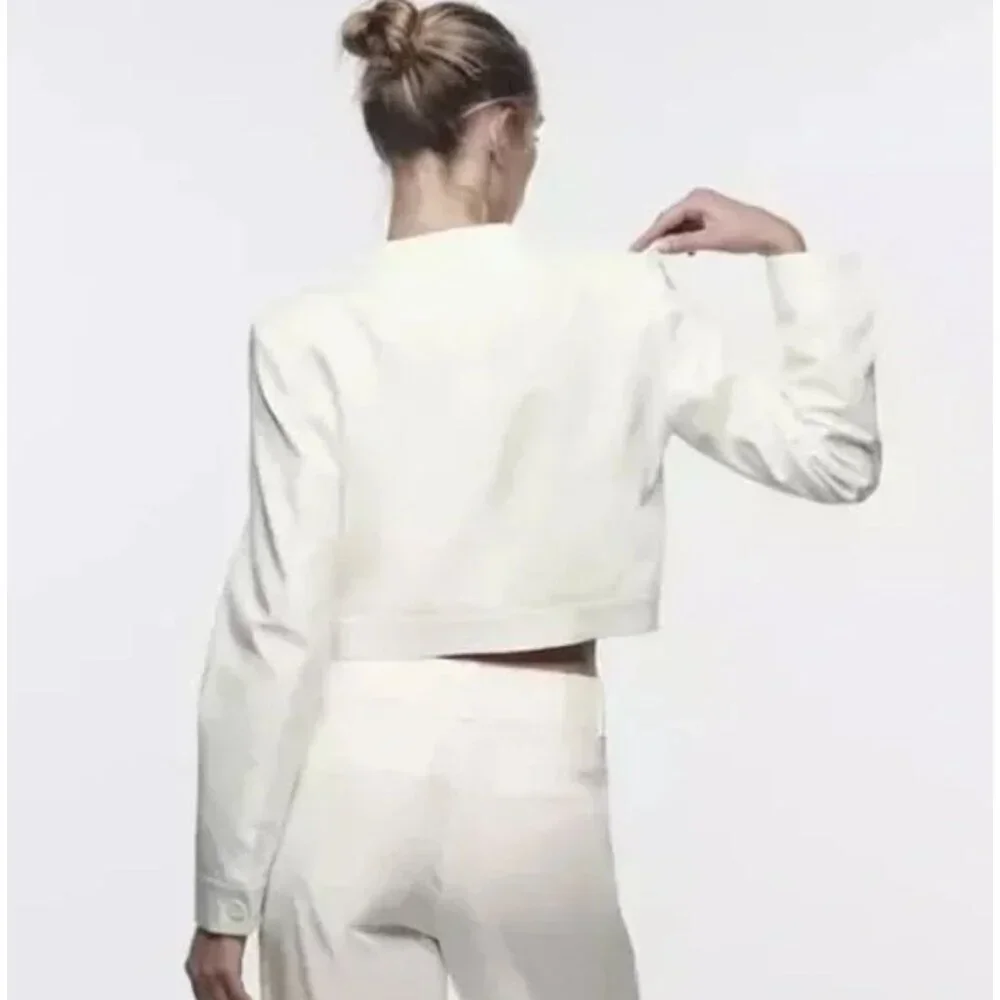 Zara Womens Linen Blend Cropped Single Button Blazer Jacket Small White SP NWT